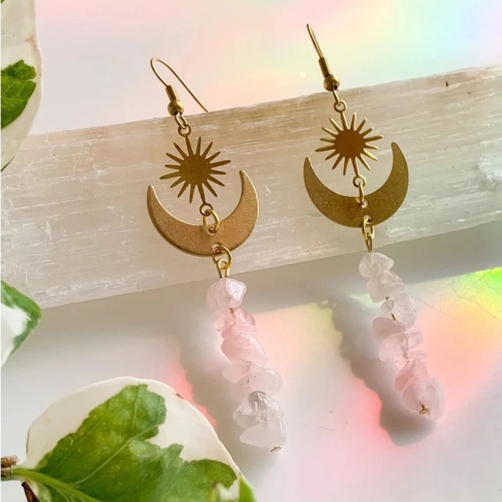 Vintage Bohemian Celestial Sun Moon Rose Quartz Gold Drop Earrings